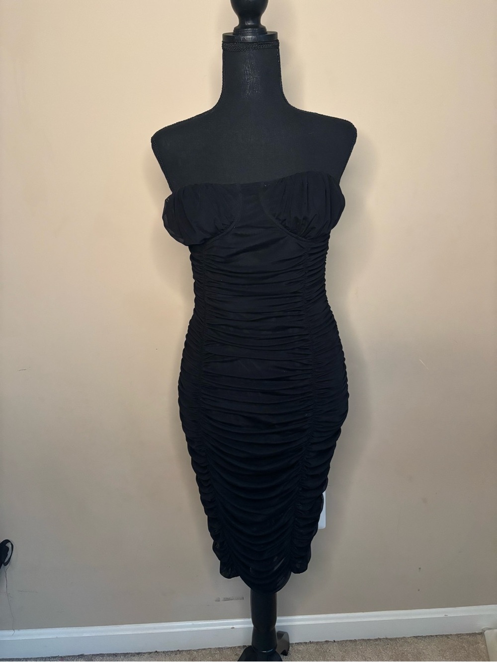 Express Strapless Black Ruched Midi Dress